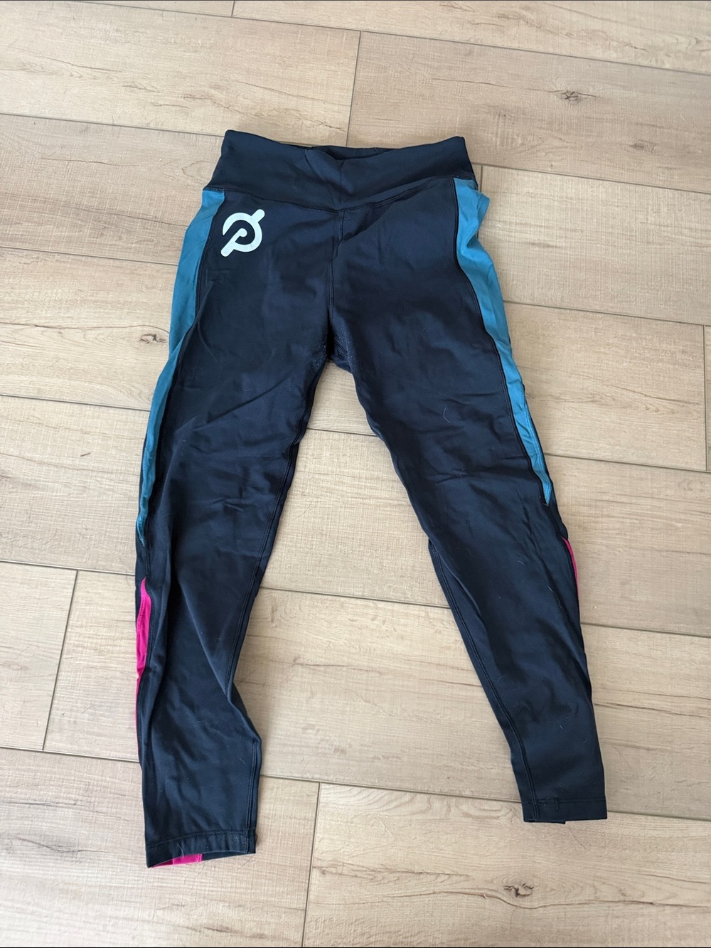 Peloton Black Leggings with Teal & Pink Side Panels